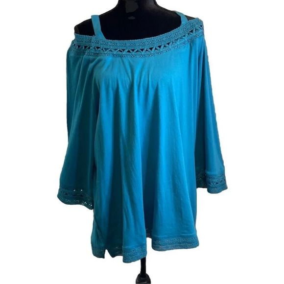 Soft Surroundings Size 1X Ava Top Blouse Fjord Blue Crochet Trim Beach Preppy - Picture 1 of 10